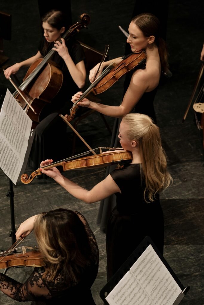 Top view of female musicians playing string instruments in a classical orchestra.